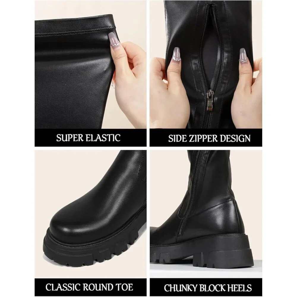 Black Thigh High Boots Women Over The Knee Chunky Heel Rubber Sole